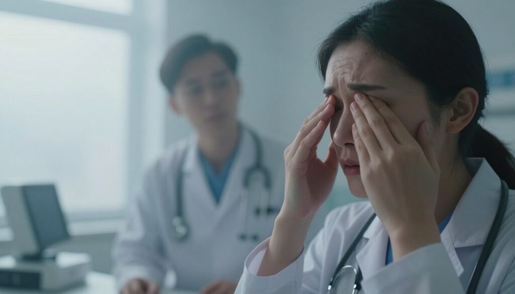 A blurred vision scene in a clinical setting to illustrate an urgent medical concern. In the foreground, a worried individual in professional attire clutches their eyes with a distressed expression, their features partially obscured by a soft fog. The middle ground includes a healthcare professional assessing the situation, depicted with a stethoscope around their neck, looking concerned yet calm. In the background, medical equipment and an examination room window can be seen, shrouded in mist, creating a sense of urgency. The lighting is dim, casting a soft glow on the fog, enhancing the mood of anxiety and confusion. Use a slight tilt-shift effect to emphasize the foggy vision, invoking the feeling of disorientation associated with blurred sight.