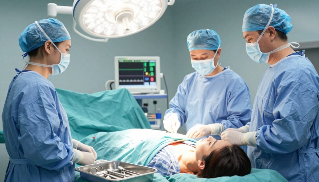 A clinical setting depicting a woman in professional attire lying on an operating table, surrounded by medical staff in scrubs, prepared for a cesarean section. The focus is on the surgical team, emphasizing their concentration and professionalism. The foreground features a sterile surgical tray with essential instruments, glistening under bright, white surgical lights, creating an atmosphere of readiness and care. The midground shows a monitor displaying the vital signs, while the background includes surgical equipment and soft green drapes, adding a calmness to the scene. The lighting is bright and clinical, ensuring clarity. The mood is serious yet supportive, reflecting the importance of the procedure in relation to eye health. This image emphasizes the medical context of cesarean sections and their relevance to vision concerns.