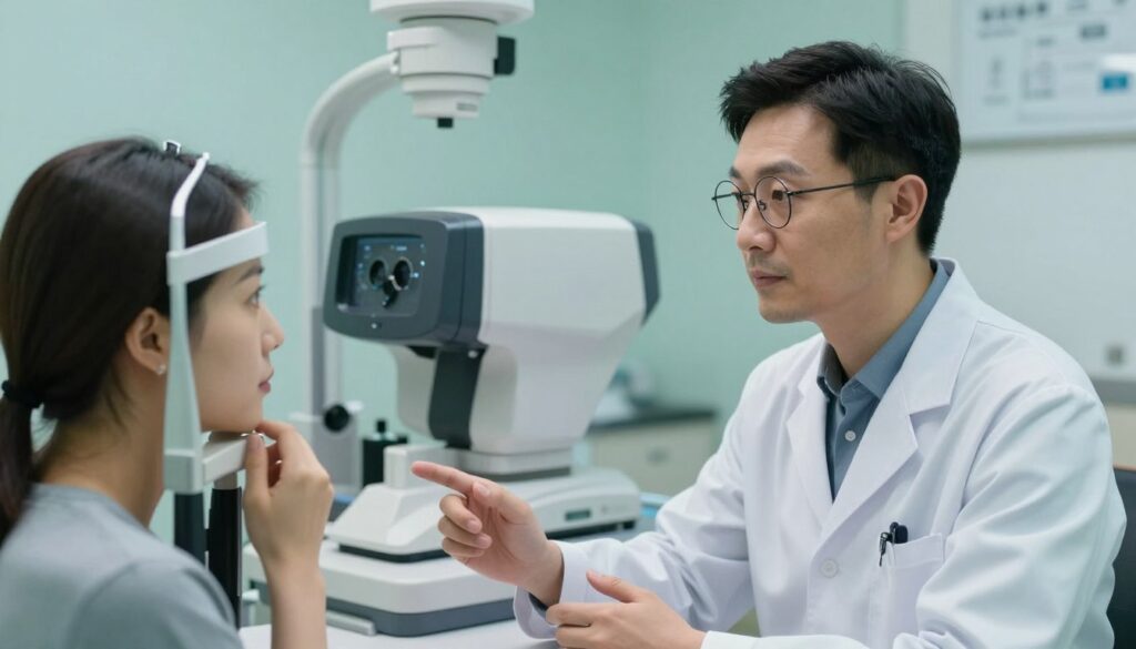 A clinical setting emphasizing the safety of eye surgery, featuring a serene consultation room. In the foreground, a confident ophthalmologist, wearing a white coat and round glasses, is discussing options with a patient, who looks attentive and thoughtful. The middle ground shows a high-tech eye examination machine, symbolizing advancements in safety and effectiveness. The background is softly lit with calming colors, including shades of blue and green, representing trust and tranquility. Soft, diffused lighting highlights the professionalism of the environment. The atmosphere is one of reassurance and care, illustrating the crucial balance of benefits and risks associated with eye surgery procedures. The image conveys a sense of hope and professionalism in eye care.
