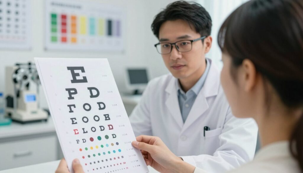 A clinical setting for a color vision test, featuring a pair of color vision test plates prominently in the foreground, showcasing vibrant dots in various colors. In the middle, include a close-up of a health professional, wearing a lab coat and glasses, carefully observing a patient as they focus on the test. The background should depict a well-lit examination room, with color charts and eye care equipment, emphasizing a professional atmosphere. Use soft, diffused lighting to create a calm and focused mood. The angle should capture the interaction between the health professional and patient, conveying the seriousness of the eye examination while maintaining an approachable and reassuring feel. No text or distractions in the image.