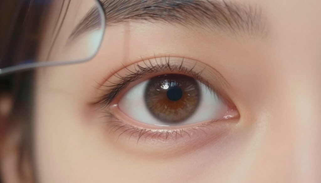 A close-up illustration of a human eye, showcasing the intricate details of the iris and pupil, surrounded by a soft focus on the skin around it. In the background, a blurred image of eyeglasses rests on a surface, hinting at vision correction. The lighting is soft, creating a warm atmosphere, while a subtle reflection in the eye adds depth and intrigue. Capture a sense of contemplation regarding vision, with delicate shadows emphasizing the eye's features. Ensure that the image maintains a professional aesthetic, with no people present. Use a macro lens perspective to highlight the eye's anatomy, reinforcing the theme of long-term eye health and the factors influencing vision deterioration over time.