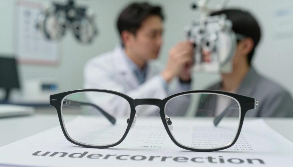 A close-up image illustrating the concept of "undercorrection" in vision correction procedures. In the foreground, depict a pair of glasses on a table with blurry text and images peeking through the lenses, highlighting visual distortion. In the middle ground, show a professional eye doctor examining a patient, both dressed in modest business attire. In the background, create a clinical environment featuring eye charts and laser equipment, subtly indicating the connection to laser eye surgeries. Use soft, diffused lighting to create a calm and professional atmosphere while ensuring details are clear. The image should convey the complexities of vision correction outcomes and the importance of professional advice.