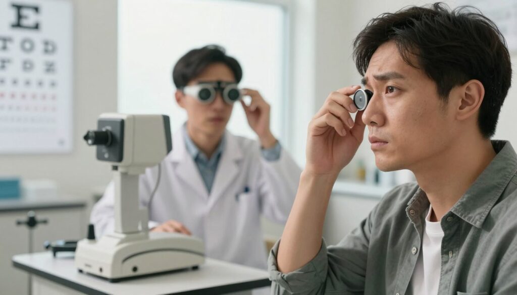 A close-up image of a concerned patient sitting in an eye examination room, wearing modest casual clothing, looking toward an eye doctor's equipment. The foreground features an eye chart with clear letters against a bright background. In the middle, an optometrist, dressed in professional attire, is demonstrating how to use a phoropter. The room is softly lit with a warm glow, and there's a large window in the background allowing natural light to fill the space. The atmosphere conveys a sense of urgency and care as the patient experiences symptoms of cloudy vision, emphasizing the importance of eye examinations. The overall mood is serious yet professional, highlighting the need for medical attention.