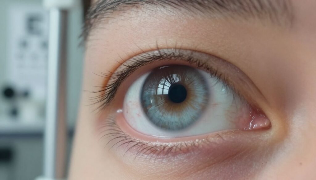 A close-up image of a human eye exhibiting the effects of cataracts, showcasing cloudy and blurred vision. In the foreground, focus on the eye's detail, highlighting the cataract's cloudy lens with reflections of light swirling across the surface. In the middle ground, display subtle hints of an eye examination room, with medical instruments like a phoropter and an eye chart softly blurred. The background can include dim, ambient lighting to create a clinical yet inviting atmosphere. Use a depth of field that brings the eye into sharp focus, while gently softening the details behind it. The overall mood should convey professionalism and awareness, suitable for an informative medical context.