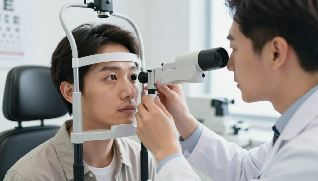 A close-up image of an eye examination setup in a bright, sterile clinic environment. In the foreground, a patient with a neutral expression is seated in a professional examination chair, wearing modest casual attire. A trained ophthalmologist, dressed in a white lab coat, is positioned to the side, using a slit lamp to examine the patient's eye. The background features softly blurred medical equipment, such as a phoropter and an eye chart on the wall, contributing to a clinical atmosphere. Bright, natural lighting streams in from a nearby window, accentuating the clarity and detail of the eye being examined, creating an air of professionalism and focus on eye health diagnostics.