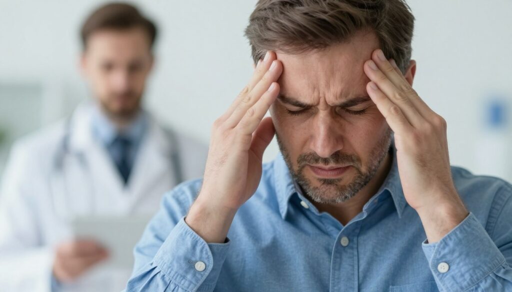 A close-up of a concerned individual in a medical setting, depicting a moment of sudden vision impairment. The person, a middle-aged Caucasian male wearing a simple blue button-up shirt, is squinting and holding his head in distress, with a blurry, distorted view of medical instruments and a doctor's face in the background, symbolizing confusion and fear. Soft, diffused lighting creates an urgent yet professional atmosphere, highlighting the seriousness of the situation. The focus is primarily on the subject in the foreground, with a shallow depth of field blurring the background details subtly. The color palette includes soothing blues and whites to maintain a clinical feel while conveying the urgency of the scenario. A close-up of a concerned individual in a medical setting, depicting a moment of sudden vision impairment. The person, a middle-aged Caucasian male wearing a simple blue button-up shirt, is squinting and holding his head in distress, with a blurry, distorted view of medical instruments and a doctor's face in the background, symbolizing confusion and fear. Soft, diffused lighting creates an urgent yet professional atmosphere, highlighting the seriousness of the situation. The focus is primarily on the subject in the foreground, with a shallow depth of field blurring the background details subtly. The color palette includes soothing blues and whites to maintain a clinical feel while conveying the urgency of the scenario.