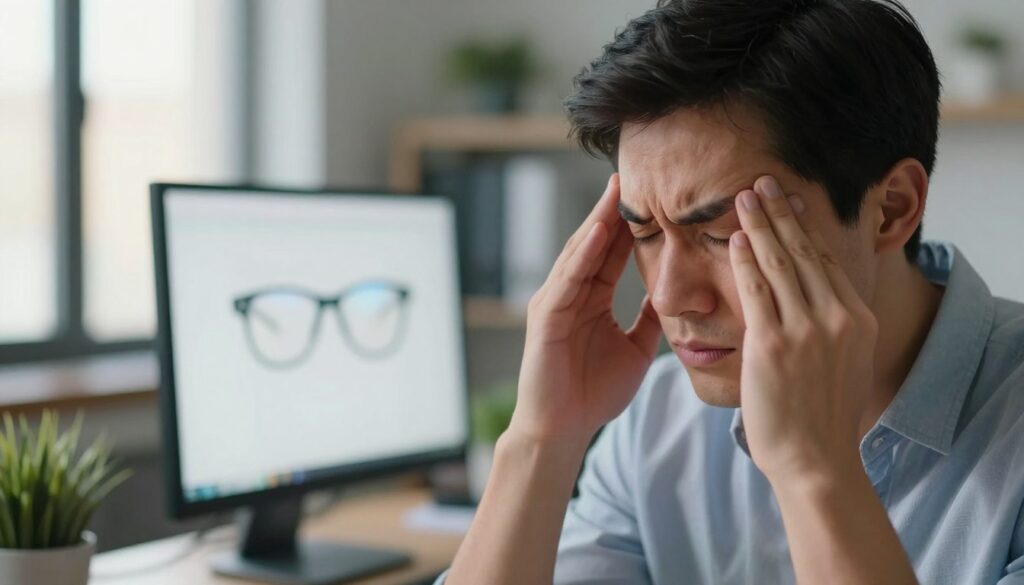 A close-up of a person in a professional office setting, visibly experiencing eye strain, with their hands gently rubbing their temples. The foreground shows their troubled expression, conveying discomfort and concentration. In the middle, a computer screen glows brightly, reflecting off their glasses, suggesting long hours of work. The background features a softly blurred office environment with plants and bookshelves, creating a calming atmosphere. The lighting is soft and diffused, simulating late afternoon light filtering through a window. The overall mood is one of tension associated with visual fatigue and the potential link to tension headaches. No additional elements, captions, or distractions present.