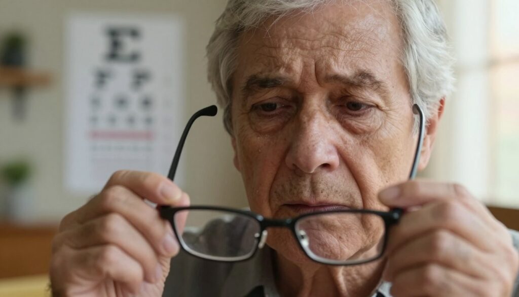 A close-up of an elderly person’s face showing signs of visual impairment, their eyes slightly clouded, reflecting concern and confusion. The foreground features their hands holding a pair of glasses, symbolizing the struggle with vision loss. In the middle ground, an eye chart is faintly visible, hinting at common vision tests, while a softly blurred background portrays a cozy room, suggesting a comfortable yet somber atmosphere. Natural light filters through a window, casting a warm glow and creating gentle shadows. The overall mood conveys a sense of urgency and the importance of addressing eye health issues. Employ a shallow depth of field to focus on the subject's face and glasses, providing an intimate and thought-provoking perspective.