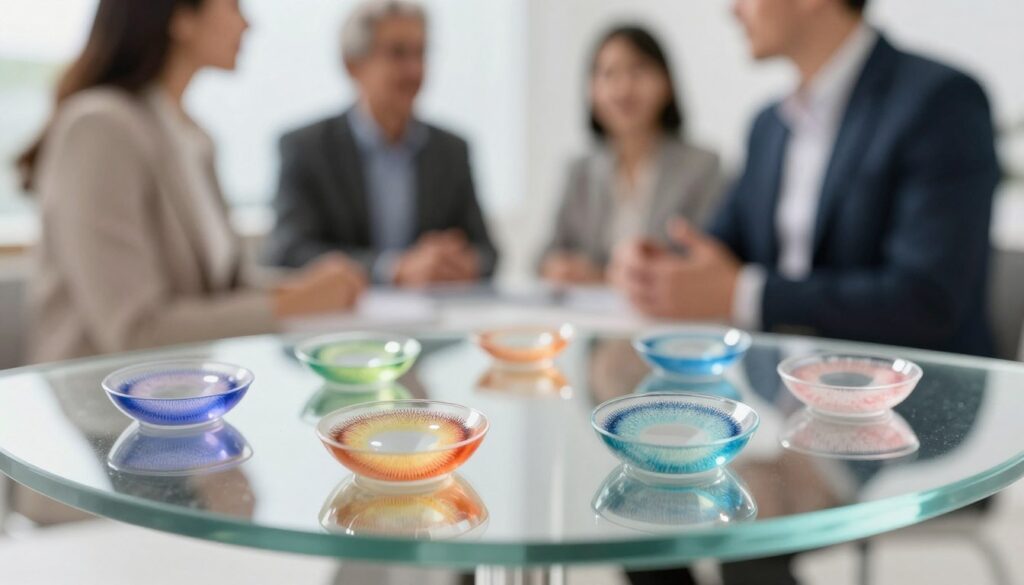 A close-up of colorful contact lenses arranged artistically on a sleek glass surface. The lenses exhibit a variety of vibrant colors and unique patterns, catching the light in an intriguing way. In the background, softly blurred figures of professional people in stylish business attire are engaged in conversation, hinting at the theme of vision correction. The lighting is bright and clear, creating an inviting atmosphere that highlights the beauty of the lenses. A soft focus effect blurs the background to keep the attention on the lenses, while ensuring a warm, modern feel that reflects sophistication and health.
