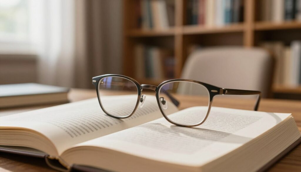 A close-up of stylish reading glasses resting on an open book, surrounded by soft, natural lighting that highlights the intricate details of the glasses' frame. The foreground features a slightly blurred view of the delicate pages of the book, with a focus on the glasses reflecting subtle light. In the middle ground, a cozy study environment is depicted, complete with warm wooden bookshelves and a comfortable armchair slightly out of focus, evoking a sense of calm and relaxation. In the background, a window with sheer curtains allows gentle sunlight to filter through, creating an inviting atmosphere. The mood is enlightening and serene, suggesting the importance of reading and vision care without any text or distractions.