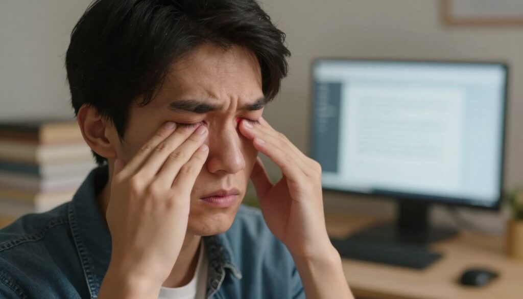A close-up scene of a concerned person squinting at a blurred background, illustrating the symptoms of myopia. The foreground features a young adult, male or female, wearing smart casual attire, with visible signs of eye strain, such as furrowed brows and slightly reddened eyes. The middle ground shows a desk cluttered with books and a computer screen displaying text that's difficult to read. The background features soft, ambient lighting with warm colors, creating a slightly hazy atmosphere, enhancing the feeling of confusion and frustration commonly associated with myopia. The image captures the seriousness of ignoring vision problems, emphasizing the importance of eye health awareness. A close-up scene of a concerned person squinting at a blurred background, illustrating the symptoms of myopia. The foreground features a young adult, male or female, wearing smart casual attire, with visible signs of eye strain, such as furrowed brows and slightly reddened eyes. The middle ground shows a desk cluttered with books and a computer screen displaying text that's difficult to read. The background features soft, ambient lighting with warm colors, creating a slightly hazy atmosphere, enhancing the feeling of confusion and frustration commonly associated with myopia. The image captures the seriousness of ignoring vision problems, emphasizing the importance of eye health awareness.