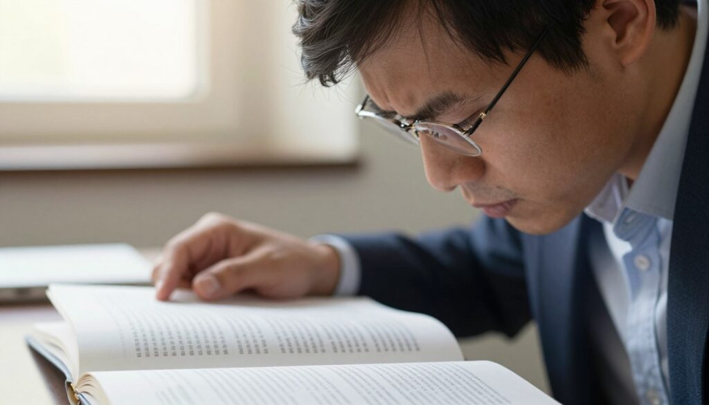 A close-up shot of an individual with hyperopia (farsightedness), sitting at a desk and squinting at a book filled with small text. The foreground features the person's focused expression, highlighting their struggle to read clearly. The middle ground shows the book, slightly blurred, with the text appearing fuzzy and indistinct, demonstrating the effects of farsightedness. In the background, soft lighting from a window casts a warm glow, creating a cozy yet slightly frustrating atmosphere. The individual is dressed in professional business attire, reflecting a serious mood. The image captures the essence of how those with hyperopia perceive close-up text, emphasizing clarity and focus challenges. A close-up shot of an individual with hyperopia (farsightedness), sitting at a desk and squinting at a book filled with small text. The foreground features the person's focused expression, highlighting their struggle to read clearly. The middle ground shows the book, slightly blurred, with the text appearing fuzzy and indistinct, demonstrating the effects of farsightedness. In the background, soft lighting from a window casts a warm glow, creating a cozy yet slightly frustrating atmosphere. The individual is dressed in professional business attire, reflecting a serious mood. The image captures the essence of how those with hyperopia perceive close-up text, emphasizing clarity and focus challenges.