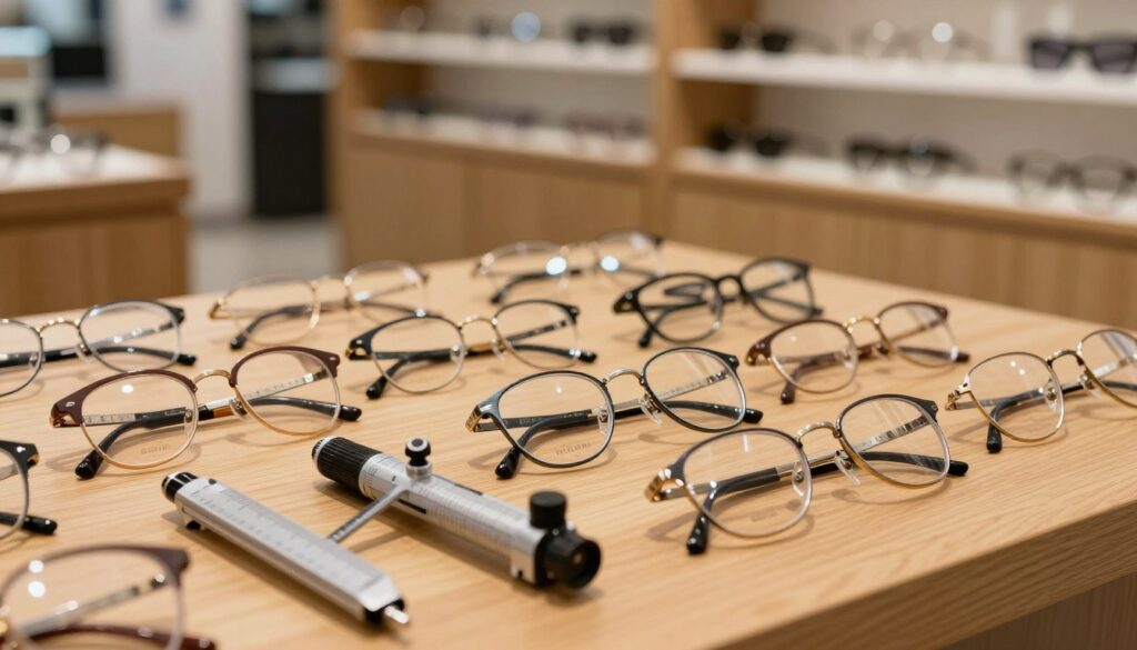 A close-up view of a collection of eyeglasses and lenses demonstrating various diopter strengths arranged on a wooden table. The foreground features a set of precision measuring tools, such as a phoropter and a lensometer, highlighting their intricate details. In the middle ground, the eyeglasses are displayed in various styles—round, rectangular, and aviator—each marked subtly with their respective diopter values. The background softly fades into a blurred optical store, with neatly organized shelves filled with more eyewear options, creating a professional yet inviting atmosphere. The lighting is warm and focused, enhancing the glasses' features while casting soft shadows, conveying a sense of clarity and precision related to vision correction.