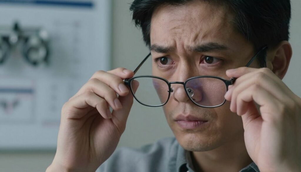 A close-up view of a concerned person in a professional setting, wearing modest casual clothing and holding their glasses. The individual's face displays worry and confusion, reflecting sudden vision deterioration. In the background, blurred outlines of charts and optometry tools are visible, indicating a medical environment. The lighting is soft but dramatic, casting gentle shadows to enhance the sense of urgency. The angle is slightly tilted to convey disorientation, with a shallow depth of field focusing on the person's expressive eyes and glasses. The overall atmosphere should evoke a sense of anxiety and urgency about eye health, capturing the moment when one realizes their vision has worsened unexpectedly.