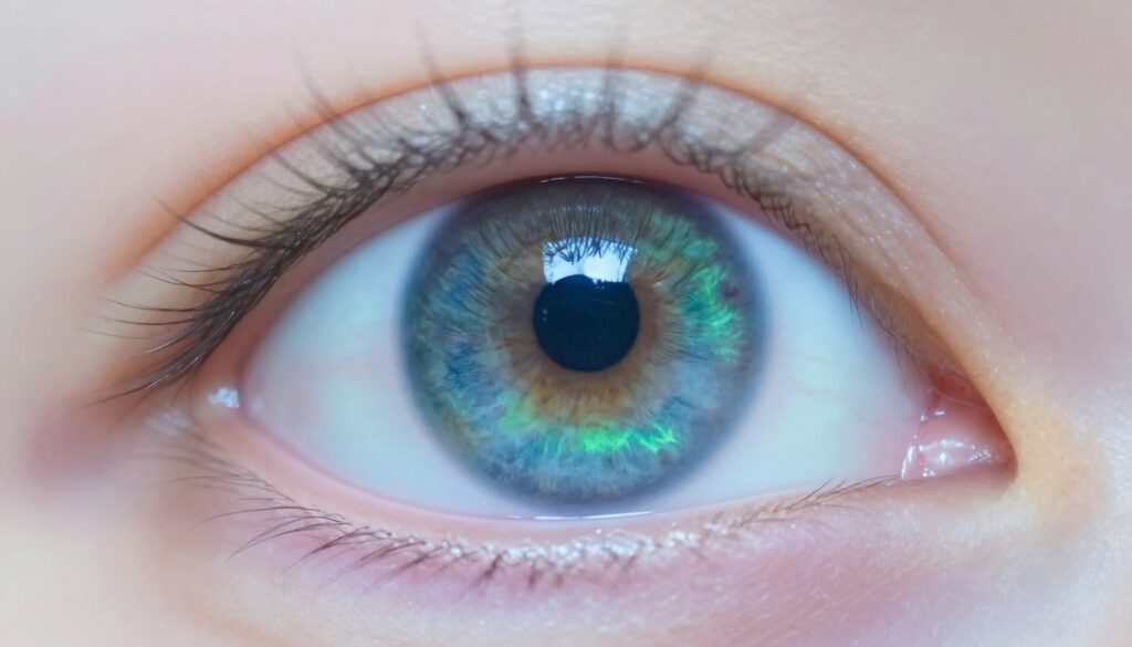 A close-up view of a human eye, displaying intricate details such as the iris, pupil, and eyelashes, with a soft, translucent sheen on the surface. The foreground features the eye in sharp focus, capturing the vibrant colors of the iris, transitioning from deep blues to bright greens. The middle layer includes subtle reflections of light, suggesting an ambient, ethereal glow, while the background is a blurred gradient of soft pastel colors, evoking a sense of depth. The lighting is gentle and diffused, providing a serene atmosphere that emphasizes the clarity and detail of the eye. Aim for a macro lens perspective that highlights the unique structure of the eye, incorporating a sense of wonder and beauty in the essential function of vision.