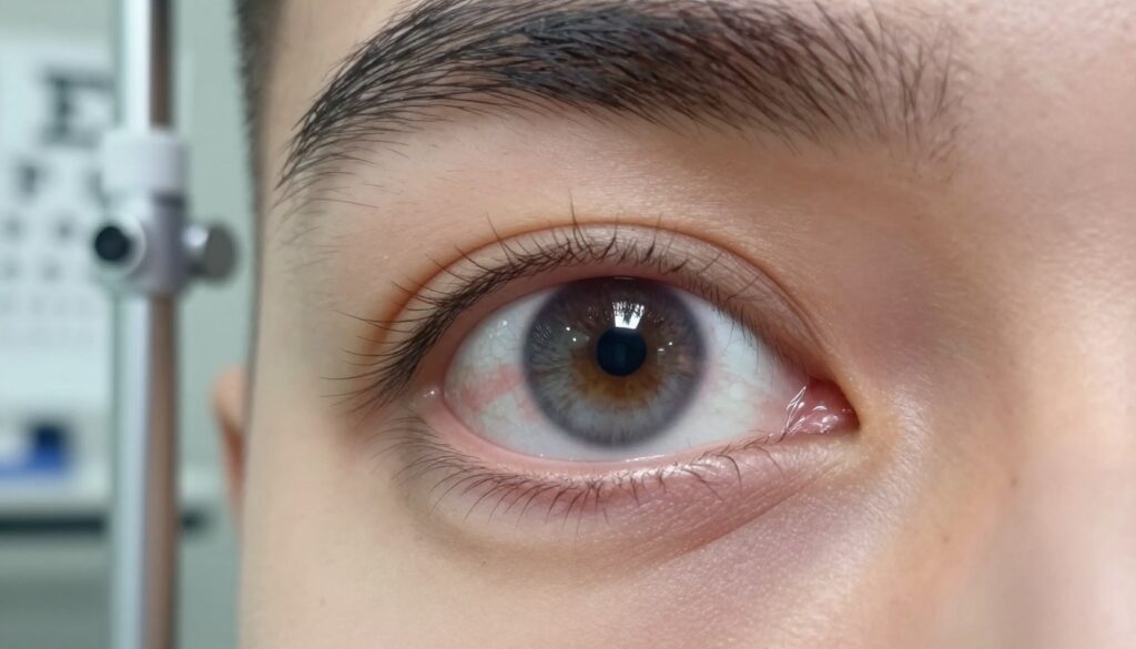 A close-up view of a human eye, displaying signs of sudden vision deterioration, such as blurred vision and a partial obscured pupil. The foreground captures the eye's details, including the iris and eyelashes, with a focus on the varying shades of color within the iris. In the middle ground, subtle medical instruments like an eye chart or a phoropter hint at an ophthalmological examination scene. The background features a softly blurred clinic environment, with calming, neutral tones that evoke a professional atmosphere. Natural lighting illuminates the scene, highlighting the textures and adding depth. The overall mood is serious yet informative, emphasizing the urgency of addressing sudden vision changes.