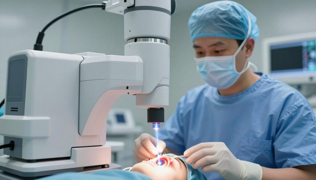 A close-up view of a laser device used in eye surgery, specifically focusing on a femtosecond and excimer laser setup. In the foreground, the laser apparatus emits a precise, vivid beam of light, illuminating a clear cornea as the surgical procedure occurs. The middle ground features a skilled surgeon wearing professional surgical attire, such as scrubs and a mask, carefully operating the equipment with a focused expression. The background includes an operating room filled with advanced medical technology and soft, sterile lighting, creating a clinical yet calm atmosphere. The overall mood is one of precision and care, highlighting the importance of advanced laser technology in vision correction.