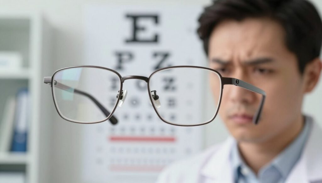A close-up view of a pair of eyeglasses resting on an open eye chart, symbolizing deteriorating vision. The eyeglasses should be stylish yet simple, featuring thin frames to symbolize modernity. In the foreground, a person (wearing professional business attire) squints at the chart, with a worried expression that conveys concern about their worsening eyesight. The background should fade softly into a doctor's office setting, with gentle lighting highlighting the eyeglasses and chart. A warm but clinical atmosphere prevails, emphasizing the importance of eye health. Include a narrow depth of field to bring focus to the glasses and the emotional expression of the individual, while blurring the office surroundings slightly. A close-up view of a pair of eyeglasses resting on an open eye chart, symbolizing deteriorating vision. The eyeglasses should be stylish yet simple, featuring thin frames to symbolize modernity. In the foreground, a person (wearing professional business attire) squints at the chart, with a worried expression that conveys concern about their worsening eyesight. The background should fade softly into a doctor's office setting, with gentle lighting highlighting the eyeglasses and chart. A warm but clinical atmosphere prevails, emphasizing the importance of eye health. Include a narrow depth of field to bring focus to the glasses and the emotional expression of the individual, while blurring the office surroundings slightly.