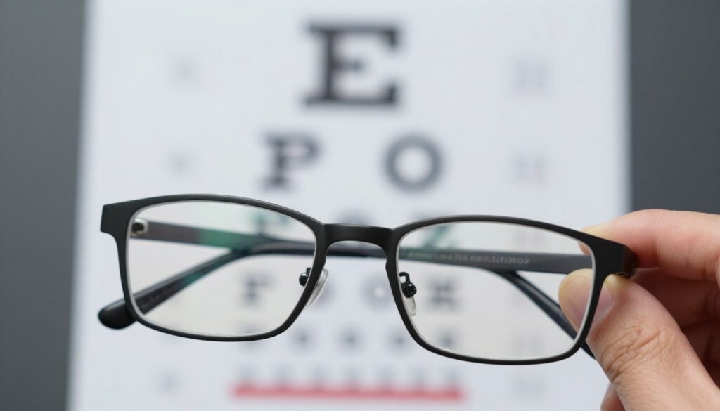 A close-up view of a pair of glasses resting on an open eye chart, showcasing the blurry vision associated with myopia (short-sightedness). The foreground features the glasses prominently, reflecting soft, diffused light, while the background displays the eye chart fading into a blur, illustrating the transition from clarity to indistinctness. A subtle gradient in lighting creates a sense of depth, emphasizing the struggle of visual clarity. The overall atmosphere is clinical yet educational, ideal for a health-focused article. The composition includes a hand gently adjusting the glasses, symbolizing the need for corrective lenses, emphasizing the experience of those with myopia. The scene is devoid of any text or distractions, focusing solely on the visual representation of short-sightedness. A close-up view of a pair of glasses resting on an open eye chart, showcasing the blurry vision associated with myopia (short-sightedness). The foreground features the glasses prominently, reflecting soft, diffused light, while the background displays the eye chart fading into a blur, illustrating the transition from clarity to indistinctness. A subtle gradient in lighting creates a sense of depth, emphasizing the struggle of visual clarity. The overall atmosphere is clinical yet educational, ideal for a health-focused article. The composition includes a hand gently adjusting the glasses, symbolizing the need for corrective lenses, emphasizing the experience of those with myopia. The scene is devoid of any text or distractions, focusing solely on the visual representation of short-sightedness.