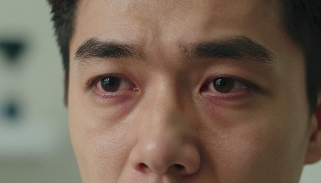 A close-up view of a pair of human eyes exhibiting signs of dryness and irritation, showcasing subtle redness and tenderness around the eyelids. The focus is on the eyes, capturing the details of the cornea and sclera, emphasizing their reflective quality under soft, diffused lighting that suggests a somber, thoughtful mood. In the background, a blurred medical environment, such as an ophthalmology clinic, hints at a professional setting conducive to eye care. The ambient light is warm and inviting yet slightly muted to convey a sense of calmness despite the discomfort depicted. The subject wears modest casual clothing, ensuring a professional appearance. The overall atmosphere should evoke a sense of concern while maintaining an informative tone. A close-up view of a pair of human eyes exhibiting signs of dryness and irritation, showcasing subtle redness and tenderness around the eyelids. The focus is on the eyes, capturing the details of the cornea and sclera, emphasizing their reflective quality under soft, diffused lighting that suggests a somber, thoughtful mood. In the background, a blurred medical environment, such as an ophthalmology clinic, hints at a professional setting conducive to eye care. The ambient light is warm and inviting yet slightly muted to convey a sense of calmness despite the discomfort depicted. The subject wears modest casual clothing, ensuring a professional appearance. The overall atmosphere should evoke a sense of concern while maintaining an informative tone.