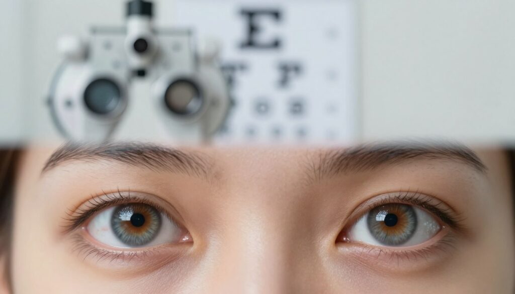 A close-up view of a pair of human eyes, focusing sharply on the intricate details of the iris and pupil. The foreground features the eyes with excellent clarity, showcasing their vibrant colors and textures. In the middle ground, there are subtle hints of optical instruments like a phoropter and a refractor in soft focus, symbolizing vision assessment. The background is a blurred vision testing chart, emphasizing the theme of visual acuity. The lighting is soft and natural, highlighting the features of the eyes while casting gentle shadows. The overall mood is professional and informative, encapsulating the essence of vision parameters in a clinical setting. A close-up view of a pair of human eyes, focusing sharply on the intricate details of the iris and pupil. The foreground features the eyes with excellent clarity, showcasing their vibrant colors and textures. In the middle ground, there are subtle hints of optical instruments like a phoropter and a refractor in soft focus, symbolizing vision assessment. The background is a blurred vision testing chart, emphasizing the theme of visual acuity. The lighting is soft and natural, highlighting the features of the eyes while casting gentle shadows. The overall mood is professional and informative, encapsulating the essence of vision parameters in a clinical setting.