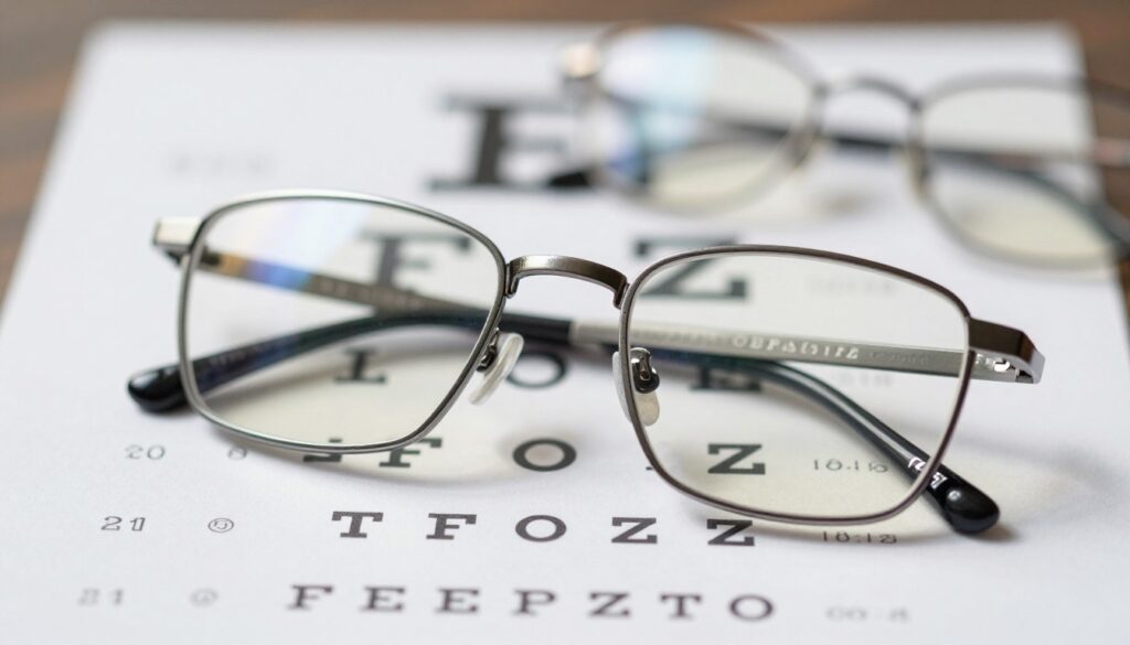 A close-up view of a pair of stylish, modern eyeglasses placed on an eye chart, emphasizing common refractive errors like myopia and hyperopia. The glasses, with a sleek metal frame, reflect light subtly, creating a soft sheen. In the background, blurred images of various lenses for corrective eyewear are visible, hinting at different options available for vision correction. The scene is well-lit with natural light filtering in, casting gentle shadows that add depth. The mood is informative and professional, making the viewer feel engaged with the subject of vision clarity and correction. The composition is dynamic, focusing on the glasses in the foreground with a shallow depth of field. A close-up view of a pair of stylish, modern eyeglasses placed on an eye chart, emphasizing common refractive errors like myopia and hyperopia. The glasses, with a sleek metal frame, reflect light subtly, creating a soft sheen. In the background, blurred images of various lenses for corrective eyewear are visible, hinting at different options available for vision correction. The scene is well-lit with natural light filtering in, casting gentle shadows that add depth. The mood is informative and professional, making the viewer feel engaged with the subject of vision clarity and correction. The composition is dynamic, focusing on the glasses in the foreground with a shallow depth of field.