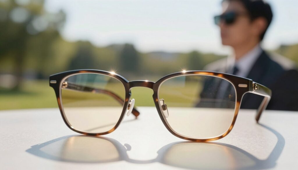 A close-up view of a pair of stylish yet functional eyeglasses designed for individuals with vision impairments, prominently showcasing polarized lenses that block harmful UV rays. The foreground features the glasses resting on a smooth, reflective surface that hints at sunlight reflecting off the lenses, creating an aura of protection. In the middle ground, add a softly blurred outdoor scene, hinting at a bright, sunny day with gentle greenery, suggesting the necessity of sun protection. The background should be a faint silhouette of a person in professional attire, wearing similar sunglasses, looking out towards the horizon, evoking a sense of awareness and protection. Use warm, natural lighting to enhance the sunny atmosphere, evoking a feeling of safety and well-being. A close-up view of a pair of stylish yet functional eyeglasses designed for individuals with vision impairments, prominently showcasing polarized lenses that block harmful UV rays. The foreground features the glasses resting on a smooth, reflective surface that hints at sunlight reflecting off the lenses, creating an aura of protection. In the middle ground, add a softly blurred outdoor scene, hinting at a bright, sunny day with gentle greenery, suggesting the necessity of sun protection. The background should be a faint silhouette of a person in professional attire, wearing similar sunglasses, looking out towards the horizon, evoking a sense of awareness and protection. Use warm, natural lighting to enhance the sunny atmosphere, evoking a feeling of safety and well-being.