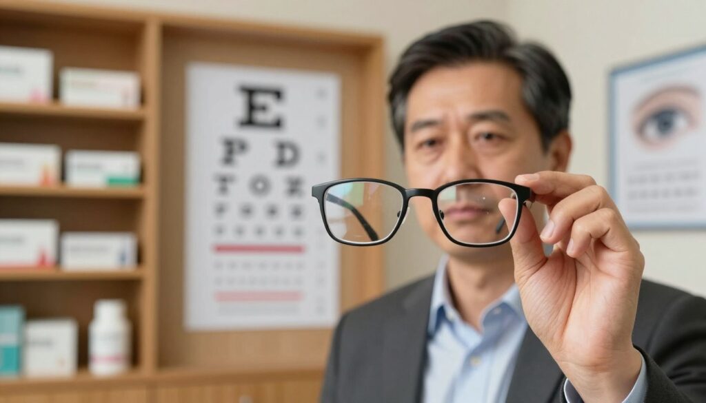 A close-up view of a person examining their eyesight, holding a pair of eyeglasses while looking thoughtfully at an eye chart in a softly lit ophthalmology office. In the foreground, the eyeglasses are in sharp focus, displaying a slight reflection of the chart’s letters, while the subject, a middle-aged individual in professional attire, shows a pensive expression. In the middle ground, an eye chart is clearly visible, showcasing blurred letters that suggest visual impairment. The background features polished wooden shelves filled with various eye care products and posters about eye health, providing an informative atmosphere. The lighting is warm and inviting, with a slight bokeh effect that highlights the subject’s thoughtful demeanor, conveying a serious yet hopeful tone regarding vision health. A close-up view of a person examining their eyesight, holding a pair of eyeglasses while looking thoughtfully at an eye chart in a softly lit ophthalmology office. In the foreground, the eyeglasses are in sharp focus, displaying a slight reflection of the chart’s letters, while the subject, a middle-aged individual in professional attire, shows a pensive expression. In the middle ground, an eye chart is clearly visible, showcasing blurred letters that suggest visual impairment. The background features polished wooden shelves filled with various eye care products and posters about eye health, providing an informative atmosphere. The lighting is warm and inviting, with a slight bokeh effect that highlights the subject’s thoughtful demeanor, conveying a serious yet hopeful tone regarding vision health.