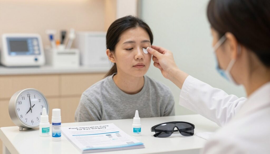 A close-up view of a professional eye care clinic setting, emphasizing a clean and sterile environment. In the foreground, a well-organized table displays an instructional pamphlet titled "Post-Operative Care for Eye Surgery," surrounded by essential recovery items like artificial tears, a pair of protective sunglasses, and a clock showing time for eye drops. In the middle ground, a compassionate healthcare provider, dressed in professional attire, is attentively demonstrating proper post-operative care techniques to a patient, who appears focused and calm. The background features soft, diffused lighting that enhances the serene atmosphere, with neutral pastel colors on the walls and medical equipment neatly arranged. The overall mood conveys an inspiring sense of support and reassurance, highlighting the importance of following recovery guidelines after vitrectomy.