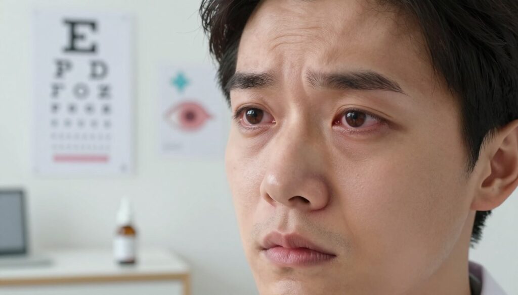 A close-up view of a worried person in a well-lit, professional indoor setting, showcasing their eyes with subtle signs of discomfort. The foreground displays the person's expressive face, conveying concern, while their eyes reflect symptoms of common eye diseases, such as redness and slight swelling. In the middle ground, include elements like an eye chart hanging on the wall and a small desk with an eye drop bottle, suggesting a doctor's office ambiance. The background features soft-focus medical illustrations related to eye health, enhancing the informative atmosphere. The overall lighting is bright and inviting, creating a serious yet approachable mood. Capture the scene from a slightly elevated angle to emphasize the person's emotions and the surrounding details effectively. A close-up view of a worried person in a well-lit, professional indoor setting, showcasing their eyes with subtle signs of discomfort. The foreground displays the person's expressive face, conveying concern, while their eyes reflect symptoms of common eye diseases, such as redness and slight swelling. In the middle ground, include elements like an eye chart hanging on the wall and a small desk with an eye drop bottle, suggesting a doctor's office ambiance. The background features soft-focus medical illustrations related to eye health, enhancing the informative atmosphere. The overall lighting is bright and inviting, creating a serious yet approachable mood. Capture the scene from a slightly elevated angle to emphasize the person's emotions and the surrounding details effectively.