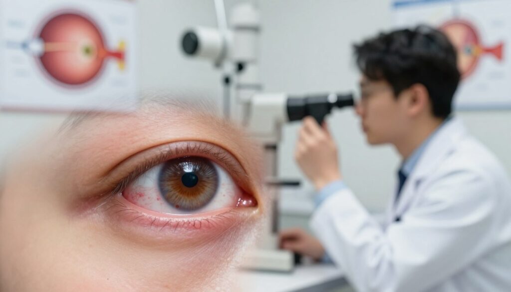 A close-up view of an eye examination in a clinical setting, emphasizing an inflamed optic nerve depicted in vibrant detail. In the foreground, a human eye with visible symptoms of optic neuritis, showing redness and swelling around the optic disc. The middle ground features a well-lit examination room with a medical professional in a white coat using an ophthalmoscope, focused on the eye. The background includes anatomical diagrams of the eye and optic nerve, subtly blurred to maintain focus on the examination. The lighting is bright and clinical, conveying a sense of urgency and professionalism, with a soft focus effect adding depth to the scene. The mood is serious and informative, reflecting the significance of the condition. A close-up view of an eye examination in a clinical setting, emphasizing an inflamed optic nerve depicted in vibrant detail. In the foreground, a human eye with visible symptoms of optic neuritis, showing redness and swelling around the optic disc. The middle ground features a well-lit examination room with a medical professional in a white coat using an ophthalmoscope, focused on the eye. The background includes anatomical diagrams of the eye and optic nerve, subtly blurred to maintain focus on the examination. The lighting is bright and clinical, conveying a sense of urgency and professionalism, with a soft focus effect adding depth to the scene. The mood is serious and informative, reflecting the significance of the condition.