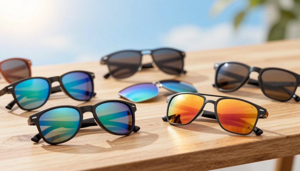 A collection of stylish corrective sunglasses displayed on a sleek wooden table, each pair showcased prominently in the foreground. The lenses exhibit various shades of UV-filtering tints, reflecting sunlight and enhancing the colors of the background. In the middle ground, an assortment of UV filters and anti-reflective coatings arranged neatly, hinting at their functionality. The background features a softly blurred outdoor scene with a bright blue sky and gentle sunlight casting a warm glow. The overall mood is vibrant and professional, emphasizing the importance of selecting the right lenses for protection against UV rays. No people are present, allowing the focus to remain solely on the sunglasses and relevant accessories. Lighting is bright yet soft, with a depth of field that brings clarity to the foreground while giving a subtle bokeh effect to the background. A collection of stylish corrective sunglasses displayed on a sleek wooden table, each pair showcased prominently in the foreground. The lenses exhibit various shades of UV-filtering tints, reflecting sunlight and enhancing the colors of the background. In the middle ground, an assortment of UV filters and anti-reflective coatings arranged neatly, hinting at their functionality. The background features a softly blurred outdoor scene with a bright blue sky and gentle sunlight casting a warm glow. The overall mood is vibrant and professional, emphasizing the importance of selecting the right lenses for protection against UV rays. No people are present, allowing the focus to remain solely on the sunglasses and relevant accessories. Lighting is bright yet soft, with a depth of field that brings clarity to the foreground while giving a subtle bokeh effect to the background.