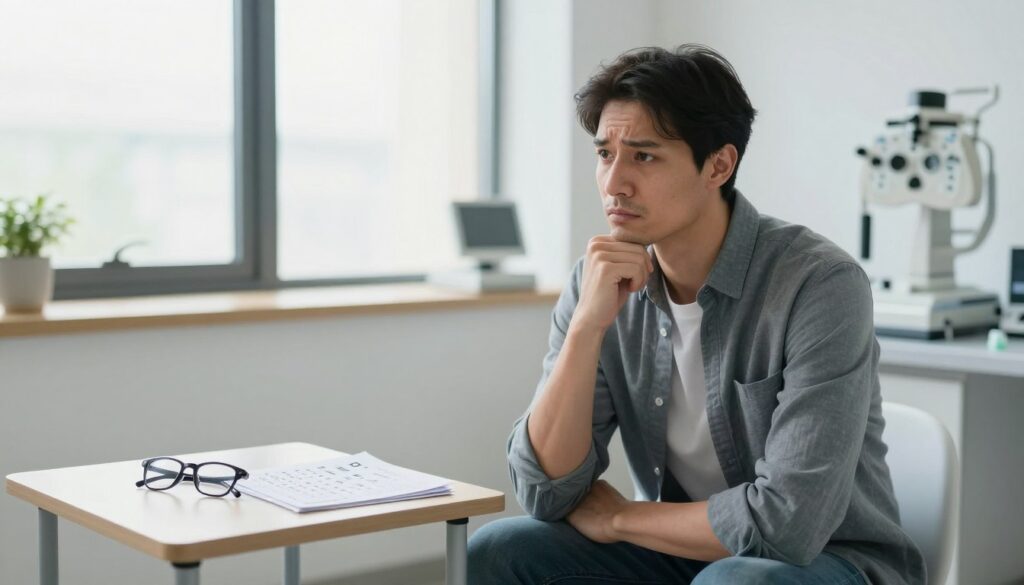 A concerned individual is sitting in a bright, modern doctor's office, with their hand on their chin, showing signs of worry. They are dressed in smart casual attire, conveying a sense of urgency and thoughtfulness. In the foreground, a small table holds essential items like glasses, an eye chart, and pamphlets on eye health. The middle ground features an open window with natural light streaming in, highlighting the professional environment. In the background, blurred outlines of medical equipment and a vision test setup suggest a clinical setting. The overall mood is one of seriousness, yet grounded in a sense of hope, emphasizing the importance of seeking immediate care for sudden vision impairment. The lighting is soft yet clear, creating a calm atmosphere that invites attention and reflection. A concerned individual is sitting in a bright, modern doctor's office, with their hand on their chin, showing signs of worry. They are dressed in smart casual attire, conveying a sense of urgency and thoughtfulness. In the foreground, a small table holds essential items like glasses, an eye chart, and pamphlets on eye health. The middle ground features an open window with natural light streaming in, highlighting the professional environment. In the background, blurred outlines of medical equipment and a vision test setup suggest a clinical setting. The overall mood is one of seriousness, yet grounded in a sense of hope, emphasizing the importance of seeking immediate care for sudden vision impairment. The lighting is soft yet clear, creating a calm atmosphere that invites attention and reflection.
