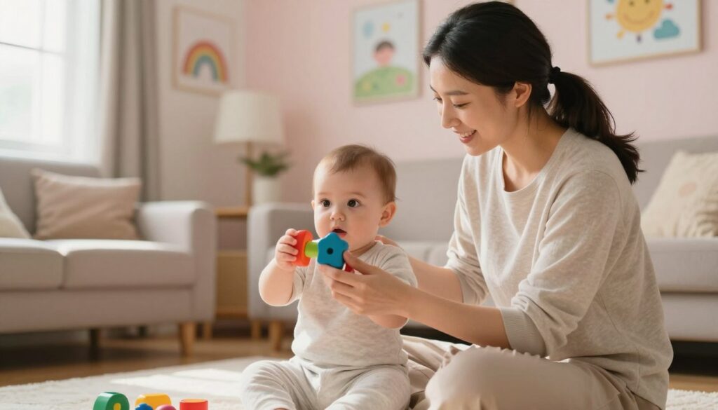 A cozy, softly lit living room setting where a parent engages with their baby in visual exercises. The foreground features a smiling mother, dressed in a comfortable yet modest outfit, holding colorful toys and gently encouraging the child to follow movements. The middle ground showcases the baby, with wide, curious eyes, focusing intently on the vibrant shapes and colors. The background consists of soothing pastel-colored walls, adorned with playful, child-friendly artwork, and natural light streaming in through a window, creating a warm and inviting atmosphere. The scene embodies a nurturing environment, reflecting the bond between parent and child and the importance of supporting a child's visual development through fun exercises.