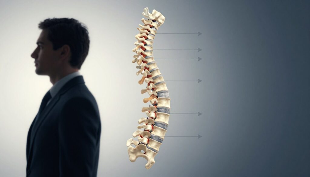 A detailed anatomical illustration of the cervical spine emphasizing lordosis. In the foreground, a human silhouette in a slight side profile displaying the curvature of the neck, clad in professional business attire. In the middle ground, an overlay of anatomical diagrams highlighting the vertebrae and intervertebral discs, with arrows pointing to crucial areas affected by changes in lordosis. The background features a subtle gradient transitioning from light to dark, symbolizing the impact of cervical issues on overall health. Soft, diffuse lighting enhances the contours of the anatomical features, creating a clinical yet educational atmosphere. The angle is slightly tilted to provide a dynamic view of the cervical curve, inviting viewers to explore the connection between cervical posture and vision problems.