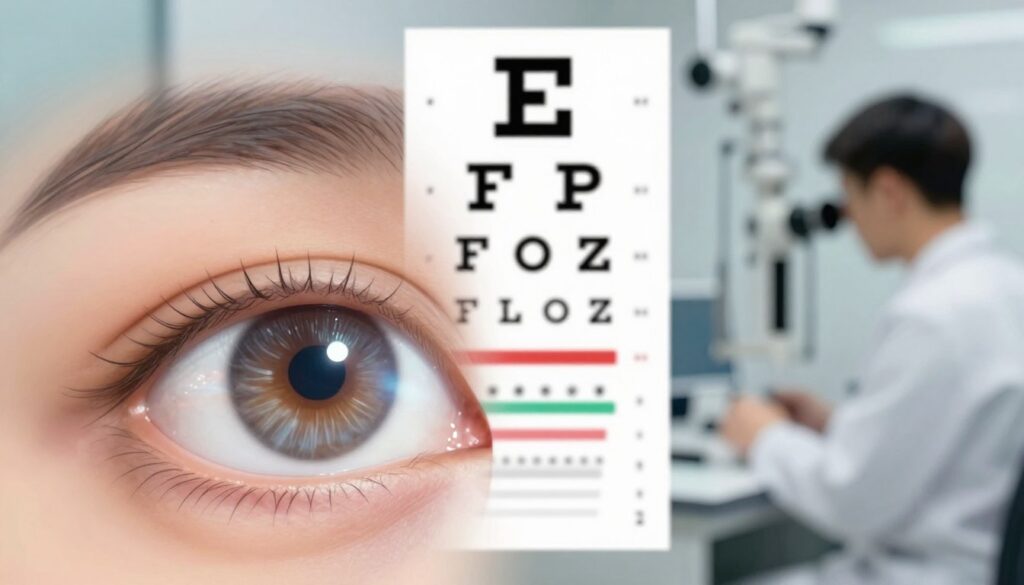 A detailed and informative illustration depicting a contrast between transient symptoms and signals of potential permanent eye damage from laser exposure. In the foreground, a close-up view of an eye exhibiting effects of laser exposure, showing temporary visual distortions like shimmering lights and slight blurriness. The middle layer illustrates a sight chart with clear, legible letters indicating normal vision and another set exhibiting distortions, symbolizing changes. In the background, softly blurred medical imagery of an ophthalmologist’s office signifies a clinical atmosphere. Utilize soft, natural lighting to evoke a calm yet serious mood, capturing the importance of recognizing symptoms. The angle should be slightly above eye level to create an engaging perspective. A detailed and informative illustration depicting a contrast between transient symptoms and signals of potential permanent eye damage from laser exposure. In the foreground, a close-up view of an eye exhibiting effects of laser exposure, showing temporary visual distortions like shimmering lights and slight blurriness. The middle layer illustrates a sight chart with clear, legible letters indicating normal vision and another set exhibiting distortions, symbolizing changes. In the background, softly blurred medical imagery of an ophthalmologist’s office signifies a clinical atmosphere. Utilize soft, natural lighting to evoke a calm yet serious mood, capturing the importance of recognizing symptoms. The angle should be slightly above eye level to create an engaging perspective.