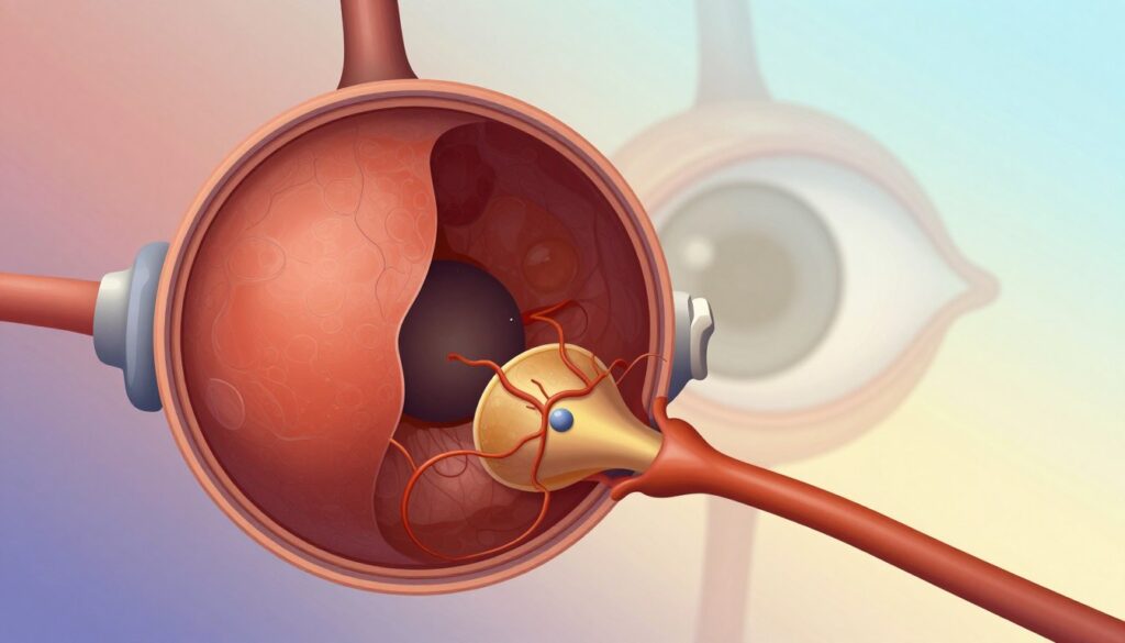 A detailed and vivid illustration of the human retina, showcasing its intricate layers and texture. In the foreground, a close-up view of the retinal structure, highlighting the optic nerve connection and blood vessels, illuminated with gentle, soft lighting to emphasize its complexity. In the middle ground, a faint depiction of the eye, revealing the lens and cornea, in a slightly blurred effect, drawing focus to the retina. The background features a gradient of soft colors, conveying a sense of depth and tranquility. The overall mood is educational and insightful, intended to evoke curiosity about ocular health, with a slight scientific ambiance.