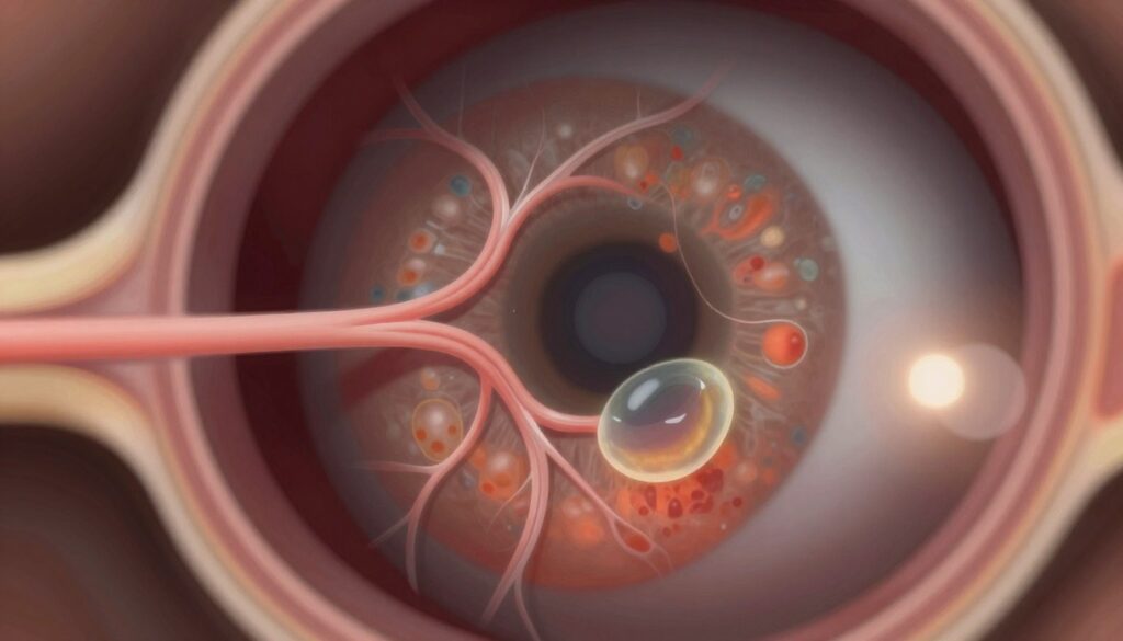 A detailed, close-up illustration of diabetic macular edema, showcasing the retina's intricate structure. In the foreground, a vivid depiction of a swollen macula, with distinct fluid-filled areas surrounding it. The middle ground features the detailed texture of the retina, emphasizing the blood vessels and other anatomical structures. In the background, a blurred representation of an eye, hinting at the condition's impact on vision. Soft, diffused lighting enhances the visibility of the edema, creating a clinical ambiance while maintaining a sense of urgency regarding eye health. Use a high-resolution lens effect to capture the fine details, emphasizing the emotional weight of this serious complication affecting vision in individuals with diabetes.