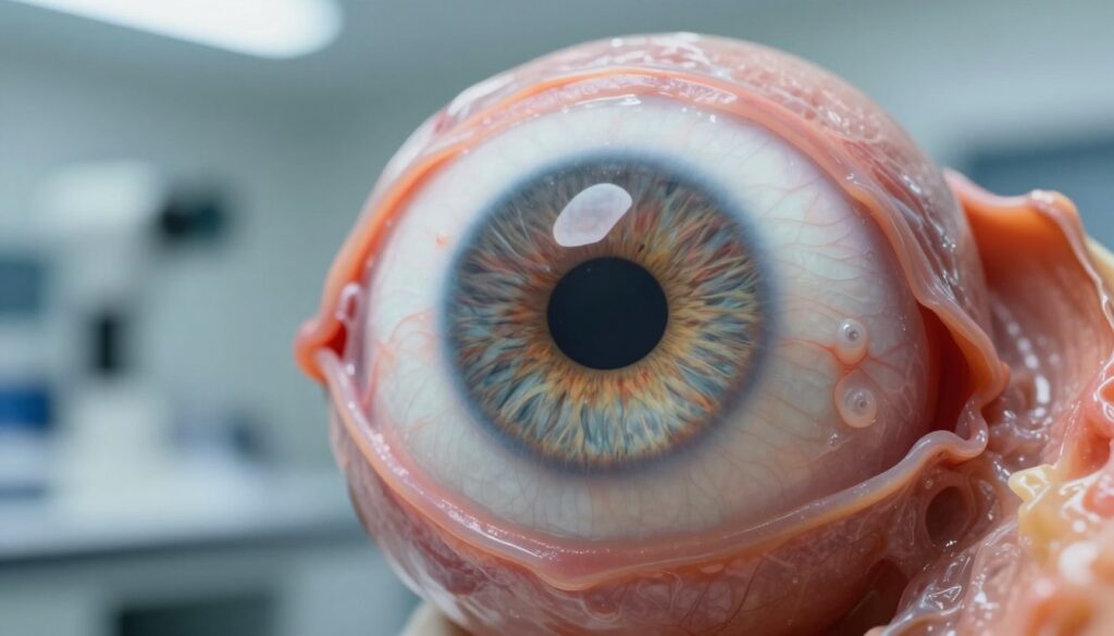 A detailed close-up view of a human eyeball exhibiting distinctive features associated with glaucoma and other acute conditions. The eyeball should be illuminated with soft, diffused lighting to highlight its textures, such as the cornea and sclera, seamlessly blending with hints of veins and the iris's vibrant colors. In the background, a blurred medical laboratory setting indicates an environment of examination and clinical observation, enhancing the medical context. The perspective should be slightly above eye level, creating an intimate focus on the eye while maintaining a clinical aesthetic. The overall mood is serious and informative, conveying the importance of eye health. Ensure the image is clean, professional, and free of any captions or watermarks.