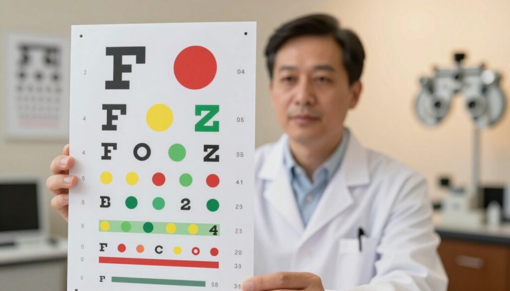 A detailed close-up view of an Ishihara color vision test plate displaying vibrant colored dots arranged in a numerical pattern. The foreground features the test plate prominently, showcasing various colors like red, green, and yellow, with the number "74" hidden within the dots for those with color deficiency. In the middle, softly blurred, a professional optometrist dressed in a smart white coat examines the plate with a focused expression, holding it towards the viewer. The background consists of a softly lit examination room with neutral tones, including an eye chart and testing equipment, creating a clinical and informative atmosphere. The lighting is warm and inviting, emphasizing clarity and professionalism, with a slight vignette effect to draw attention to the test plate.