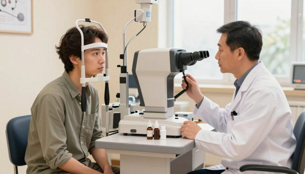 A detailed illustration capturing the factors that can extend an eye exam duration. In the foreground, a patient wearing modest casual clothing sits in an ophthalmology office, looking a bit anxious but calm, with an ophthalmologist wearing a white coat nearby, discussing the various tests. In the middle, a range of eye examination equipment like autorefractors and slit lamps is visible, alongside eye drop bottles placed neatly on a counter. In the background, soft lighting creates a welcoming atmosphere, showcasing a large window with natural light filtering in. The scene conveys a sense of professionalism and care, focusing on the intricate details that can prolong the eye examination process. Use a warm color palette to enhance the comforting mood.