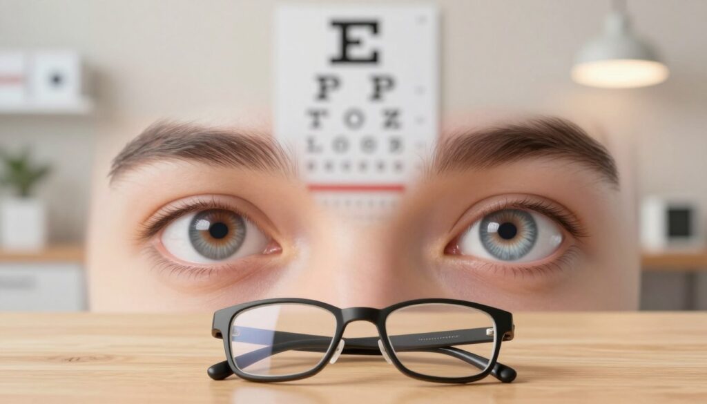 A detailed illustration depicting common visual disturbances, showcasing a close-up of human eyes in focus, displaying various symptoms like blurriness, halos, and double vision. In the foreground, include a pair of glasses on a wooden table, symbolizing vision correction. The middle ground should feature an eye chart on the wall with letters that appear distorted, enhancing the theme of visual impairment. The background can have a soft-focus depiction of an eye clinic, with warm lighting to create a feeling of trust and professionalism. Use a shallow depth of field to keep the focus on the eyes and the glasses, conveying a sense of urgency and the importance of eye care. The overall atmosphere should be informative yet approachable.