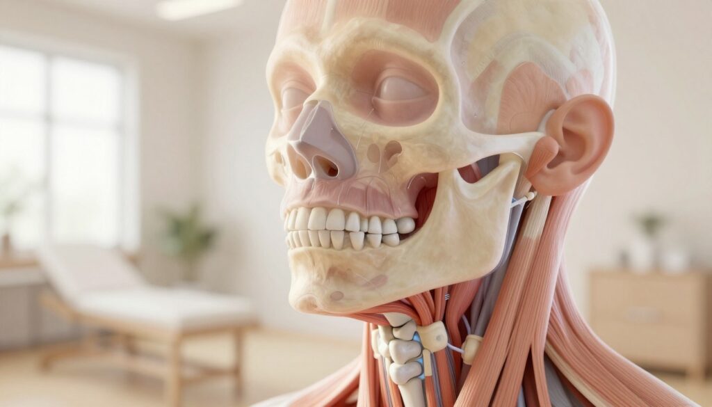 A detailed illustration of a human jaw joint, emphasizing the temporomandibular joint (TMJ) anatomy. In the foreground, show a transparent overlay of the jaw and muscles around the mouth and neck, illustrating tension. The middle ground should depict the relationship between the jaw and the eyes, perhaps with faint arrows indicating connections. In the background, a softly blurred image of a serene, well-lit consultation room with neutral colors, creating a calm atmosphere. Use soft lighting to highlight the details of the jaw and muscles, with a focus on anatomical accuracy. The angle should be slightly elevated to capture the inner workings of the jaw joint clearly, ensuring a professional, educational tone throughout the image.