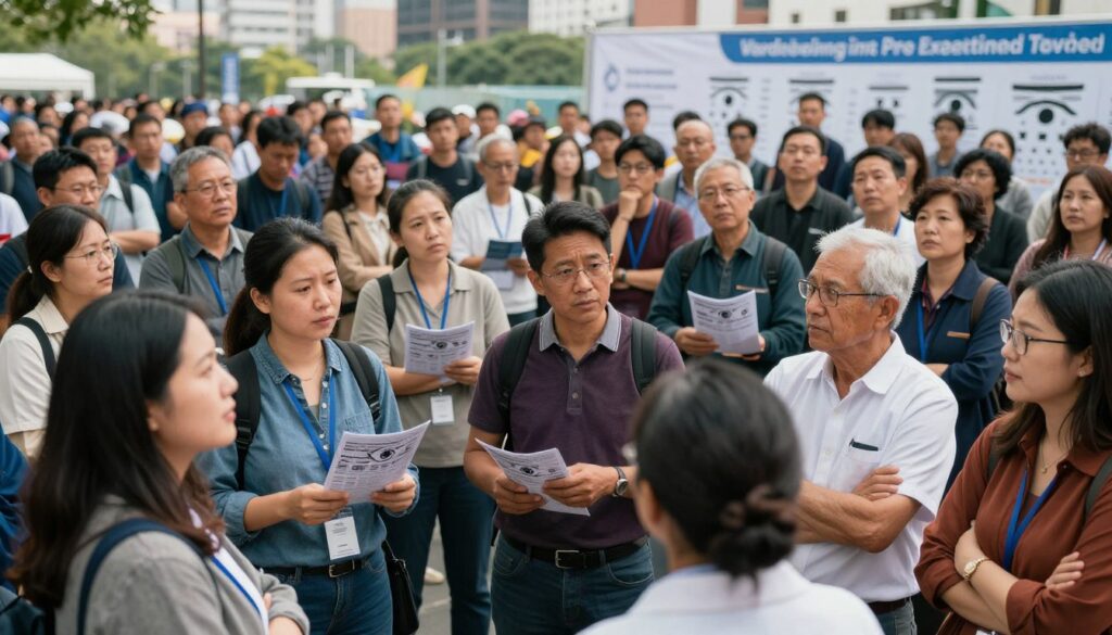 A diverse crowd of people representing one billion individuals, gathered in an open public space, all ages and ethnicities, showcasing a mix of expressions reflecting concern and curiosity about eye health. In the foreground, a group of individuals with varying skin tones and ages are engaging in a discussion, wearing professional casual attire. In the middle ground, more people can be seen, some reading eye health pamphlets, while others examine eye charts. The background features a cityscape with a health awareness banner prominently displayed. Soft, natural lighting creates an inviting atmosphere, enhancing the sense of community. The composition captures a broad spectrum of humanity, emphasizing the significant global concern for vision health without any text or overlays.