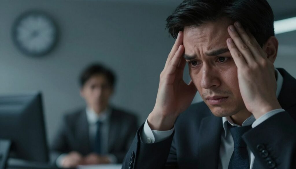 A dramatic and engaging scene illustrating the alarming symptoms of sudden vision loss in one eye. In the foreground, depict a concerned individual with a professional appearance, wearing business attire, holding their head with a distressed expression, partially obscured by shadows for added intensity. In the middle ground, showcase a blurred, distorted view of their surroundings, symbolizing impaired vision, with elements like a clock and a hazy office environment that suggest urgency. The background features dim lighting, hinting at an unsettling atmosphere, with cool color tones to evoke a sense of concern. Use a low-angle shot to emphasize the individual's urgency and vulnerability, creating a mood of immediate alertness and necessity for action, ensuring the image is striking yet respectful.