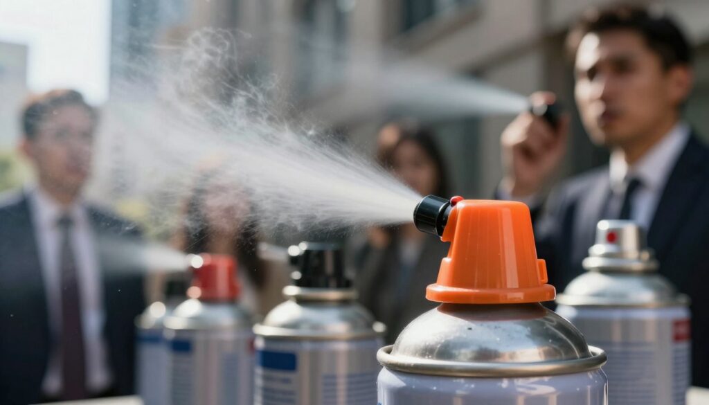 A dramatic close-up of pepper spray canisters with different nozzle designs, highlighting the varying shapes and forms of the spray mechanisms. In the foreground, focus on a transparent canister with a bright orange safety cap, glinting in bright, natural light. The middle ground contains a blurred background of contrasting urban environments where such sprays may be used, showing an intense atmosphere with concerned individuals wearing professional attire, responding to a situation. The overall mood is serious and educational, conveying the potential hazards of pepper spray exposure. The lighting is dynamic, casting shadows that emphasize the contours of the canisters and the urgency of the scene. Shot from a low angle to accentuate the height of the canisters and the gravity of the topic being illustrated. A dramatic close-up of pepper spray canisters with different nozzle designs, highlighting the varying shapes and forms of the spray mechanisms. In the foreground, focus on a transparent canister with a bright orange safety cap, glinting in bright, natural light. The middle ground contains a blurred background of contrasting urban environments where such sprays may be used, showing an intense atmosphere with concerned individuals wearing professional attire, responding to a situation. The overall mood is serious and educational, conveying the potential hazards of pepper spray exposure. The lighting is dynamic, casting shadows that emphasize the contours of the canisters and the urgency of the scene. Shot from a low angle to accentuate the height of the canisters and the gravity of the topic being illustrated.