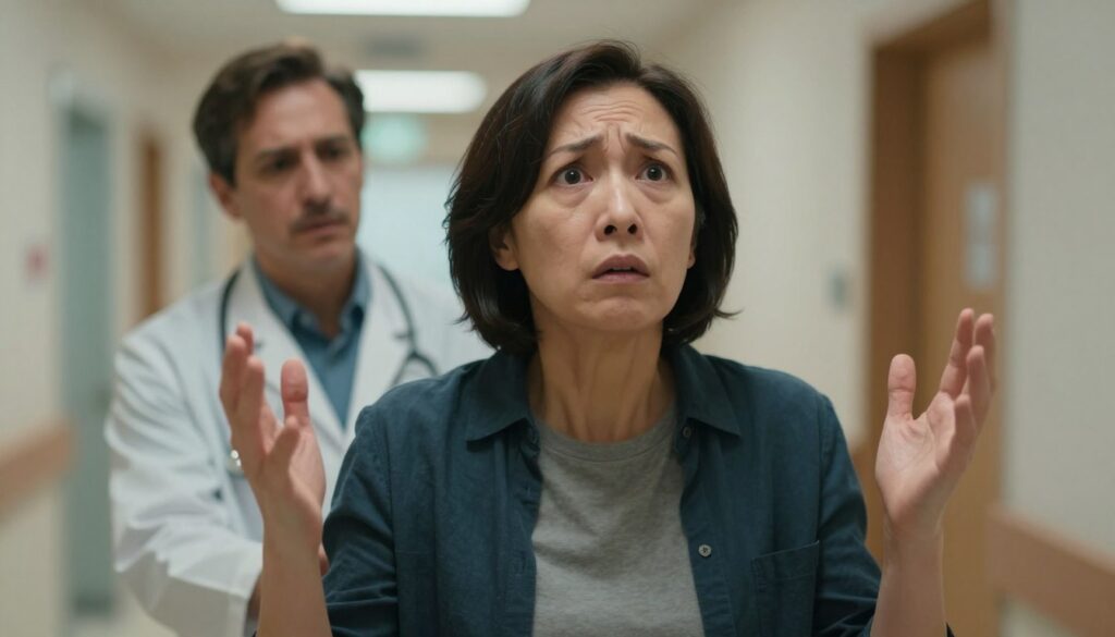 A dramatic scene illustrating a person experiencing sudden vision loss. In the foreground, a middle-aged individual stands with a look of confusion and concern, their eyes wide and hands raised slightly to the sides, as if reaching out for support. They are wearing smart casual clothing, exuding a sense of urgency. The middle ground features a blurred healthcare professional, dressed in a white coat with an empathetic expression, offering assistance. In the background, a softly lit hospital corridor hints at urgency, with warm lighting that reflects a sense of hope amidst concern. The angle is slightly low, emphasizing the emotional weight of the moment. The overall mood is tense yet hopeful, capturing the immediate response to a critical health crisis. A dramatic scene illustrating a person experiencing sudden vision loss. In the foreground, a middle-aged individual stands with a look of confusion and concern, their eyes wide and hands raised slightly to the sides, as if reaching out for support. They are wearing smart casual clothing, exuding a sense of urgency. The middle ground features a blurred healthcare professional, dressed in a white coat with an empathetic expression, offering assistance. In the background, a softly lit hospital corridor hints at urgency, with warm lighting that reflects a sense of hope amidst concern. The angle is slightly low, emphasizing the emotional weight of the moment. The overall mood is tense yet hopeful, capturing the immediate response to a critical health crisis.