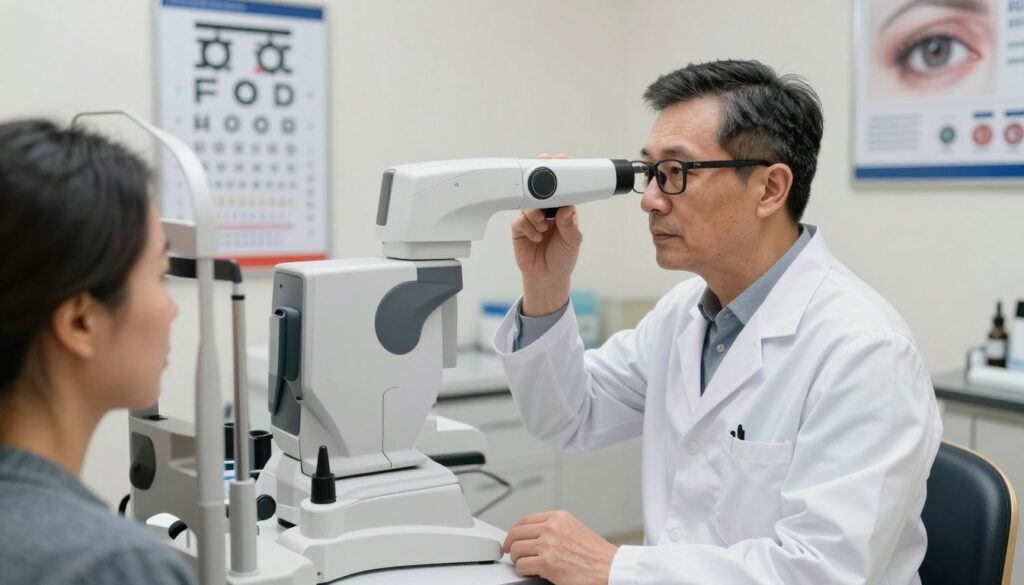 A focused and serene optometrist in professional attire, examining a patient in a modern eye clinic. The optometrist, a middle-aged individual with glasses, holds a high-tech laser device, symbolizing laser vision correction. In the foreground, a detailed eye chart and various ophthalmic instruments are visible. The middle ground showcases a sleek examination room with soft, diffused lighting creating a calm atmosphere. In the background, there are posters of eye health, emphasizing education and clarity. The overall mood is professional and informative, conveying expertise and trust in vision correction technology. Shot from a slightly elevated angle to capture the interaction and environment effectively, evoking a sense of assurance and professionalism.