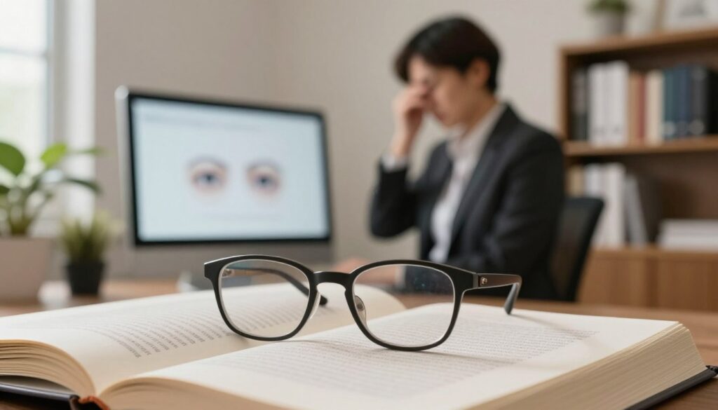 A focused depiction of short-sightedness (myopia) as an educational illustration. In the foreground, show a pair of eyeglasses with thick lenses resting on a blurred book to symbolize nearsightedness. In the middle ground, include a person (dressed in professional business attire) standing in an office environment, squinting while looking at a digital screen that is slightly out of focus. In the background, convey a softly lit office setting with subtle details such as potted plants and a bookshelf filled with medical literature. Use warm, inviting lighting that creates a calm and informative atmosphere, emphasizing clarity and focus amidst the challenge of visual impairment. Aim for a clear angle that captures both the foreground elements and the professional setting.
