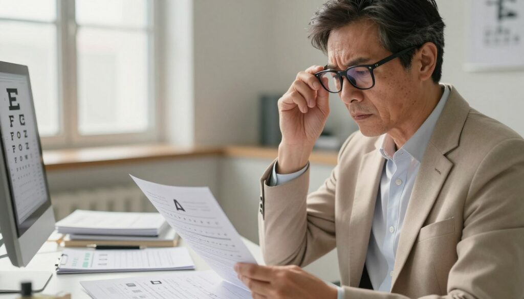 A focused image depicting a middle-aged person wearing stylish glasses, attentively reading a medical chart in a modern clinical office. The foreground features the person, dressed in professional business attire, with a look of concentration and concern. In the middle, a well-organized desk is adorned with eye charts and scientific journals, hinting at the theme of vision health. The background shows a window letting in soft, diffused natural light, casting gentle shadows and creating a calming atmosphere. The colors are warm and inviting, fostering a sense of trust and professionalism, while emphasizing the seriousness of eye health and the impact of glasses on vision. The lens should capture this scene with a slight depth of field, focusing on the person and the desk elements, giving an intimate feel to the image.